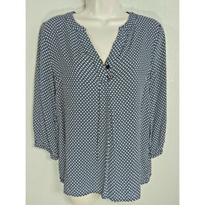 Kenar Navy Blue Red White Dot Print 3/4 Sleeve Blouse Size Small‎